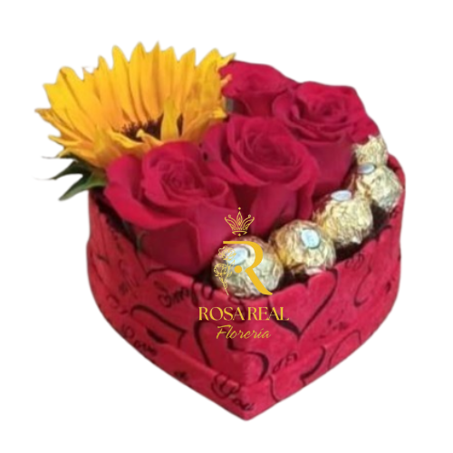 Box de 4 Rosas, 1 Girasol y 5 Chocolates Ferrero
