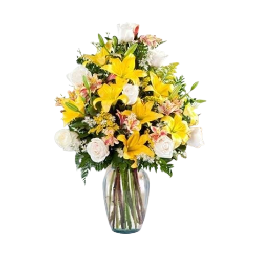 Elegante Florero con 8 Rosas Blancas, 5 Lilium y Astromelias