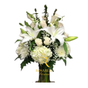 Florero de 6 Rosas Blancas, 6 Gerberas y 6 Lilum