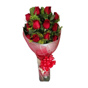 Delicado Ramo de Rosas Rojas con Florero de Vidrio