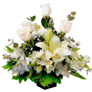 Canasta Fúnebre con 4 Rosas, 3 Lilium y Astromelias