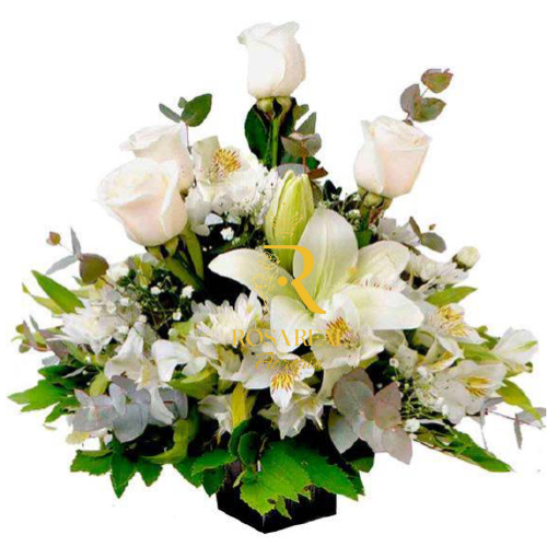 Canasta Fúnebre con 4 Rosas, 3 Lilium y Astromelias
