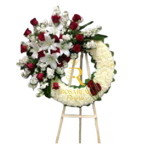 Corona Fúnebre Elegante con maule rosas blancas y rojas