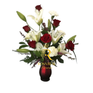 Elegancia y Pasión de Rosas Rojas, Lilium y Claveles
