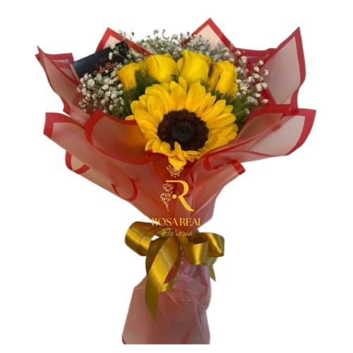 Ramo con 4 Rosas y 1 Girasol Natural