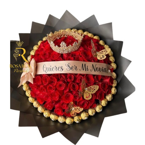 Ramo de 100 Rosas con 50 Chocolates Tiara y Banda