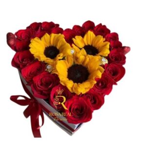 Caja de Sol y Amor rosas rojas y girasol