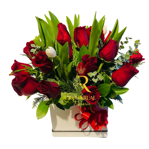 Box Pasión Suprema 20 Rosas Rojas y 10 Tulipanes