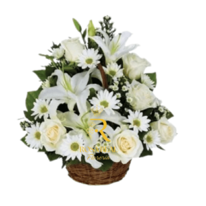 Canasta Fúnebre con Rosas, Liliums y Claveles Blancos
