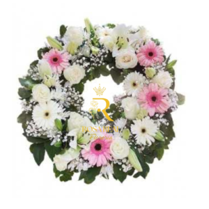 Corona Fúnebre con 10 Rosas Blancas y 8 Gerberas