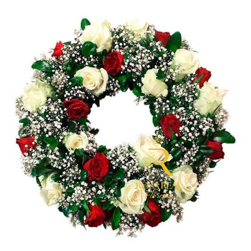 Corona Fúnebre con 24 Rosas Blancas y Rojas