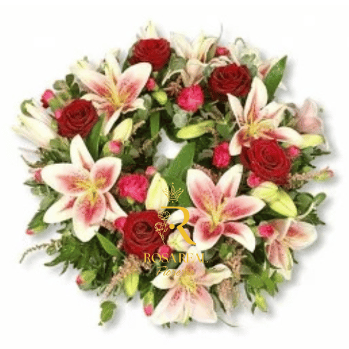 Corona Elegante de 5 Rosas y 7 Lilium