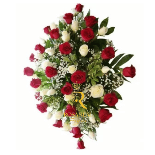 Cubre Urna de 50 rosas rojos y blancos