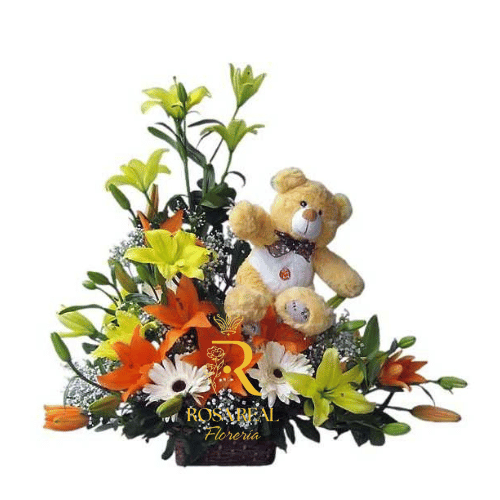 Canasta con 8 Ramas de Liliums Amarillos y Naranjas Peluche