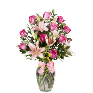 Florero Dulce Primavera 12 Rosas Rosadas y 5 Lilium