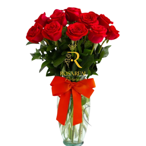 Florero de 12 Rosas Rojas Clásico Romántico