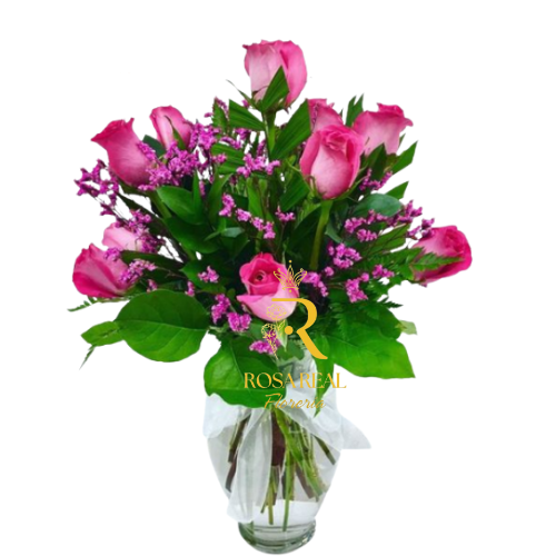Florero de 10 Rosas Rosadas Romántico y Dulce
