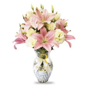 Florero de 6 Rosas blancos y 5 Lilium rosados