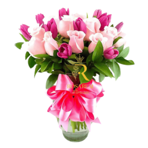Florero de 10 Tulipanes y 10 Rosas Rosadas