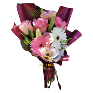 Ternura y Alegría de 3 Rosas Rosadas y 4 Gerberas Surtidas