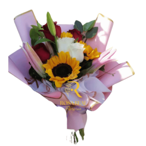 Arreglo Floral Alegre 5 rosas y 3 girasoles