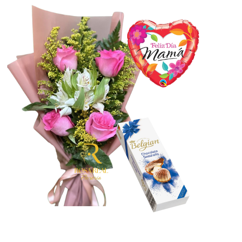 Ramo de 4 Rosas con Astromelias y Chocolate Belgia