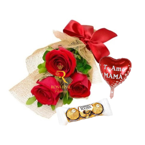 COMBO #1 MAMA LINDA de 3 Rosas Chocolates y Globo
