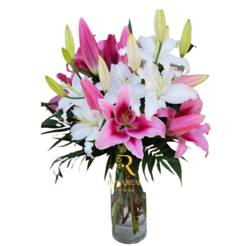Florero con 10 Lilium Rosados y Blanco