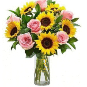 Florero con 6 Rosas y 6 Girasoles Arreglo Brillante