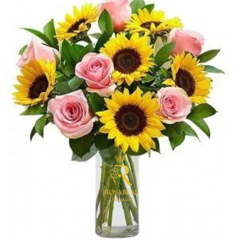 Florero con 6 Rosas y 6 Girasoles Arreglo Brillante