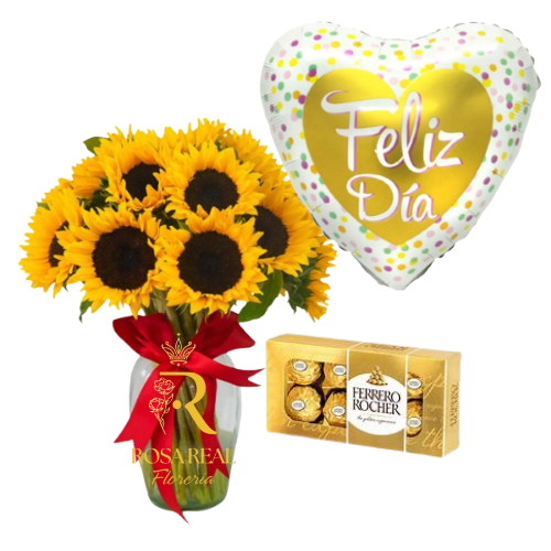 Florero de 10 Girasoles con Chocolates y Globo