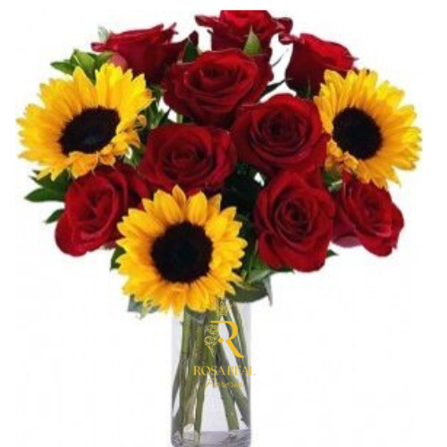 Florero de 10 Rosas Rojas y 3 Girasoles