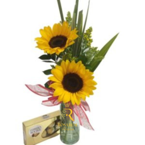 Florero con 2 Girasoles y Chocolates Ferrero