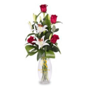 Florero con 5 Rosas y 5 Lilium