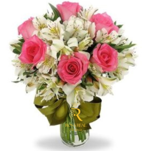 Florero con 6 Rosas y Astromelias