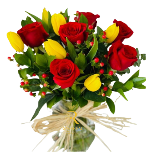 Florero con 6 Tulipanes y 6 Rosas