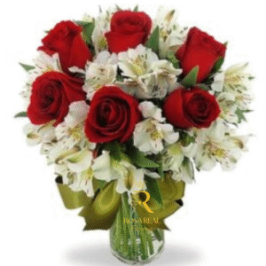 Florero con 6 Rosas y Astromelias