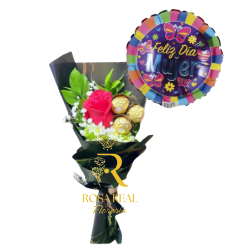 Ramo de Una Rosa con 3 Chocolates y Globo Pequeño