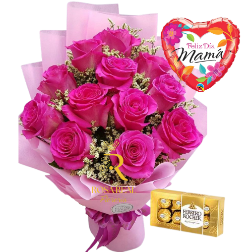 Ramo de 12 Rosas Rosadas con chocolate