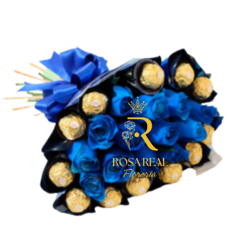 Ramo 12 Rosas Azules Tinturadas con 12 Chocolates Ferrero