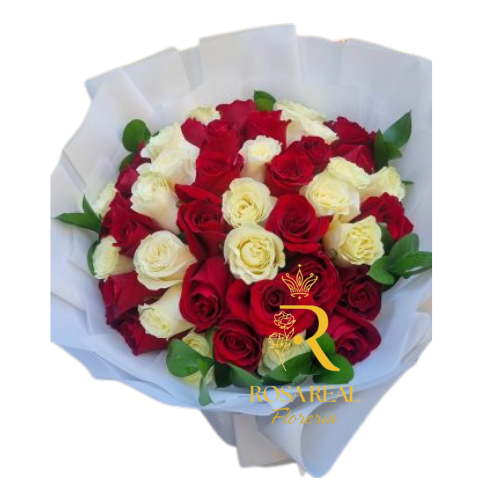 Ramo de 42 Rosas Rojas y Blancas