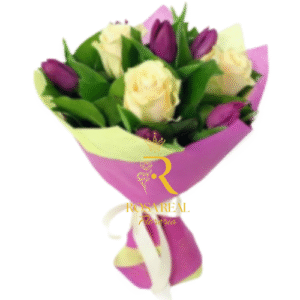 Arreglo de 3 Rosas blancas y 5 Tulipanes morados, flores frescas para regalar, Rosa Real Florería