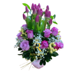 Arreglo de 3 Rosas blancas y 5 Tulipanes morados, flores frescas para regalar, Rosa Real Florería