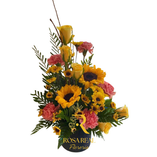 Arreglo floral mixto en base con girasoles, claveles y rosas