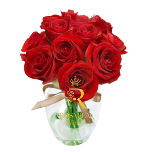 Florero elegante con 10 Rosas Rojas frescas, símbolo de amor y pasión - Rosa Real