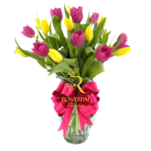 Florero de 20 tulipanes rosados y amarillos con lazo decorativo – Rosa Real Florería