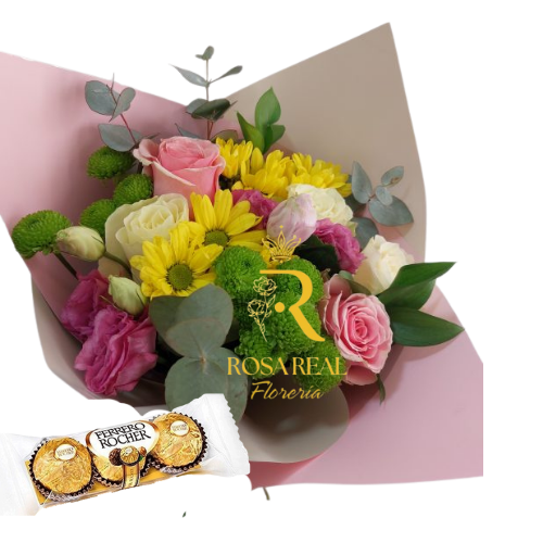 Ramo de flores surtidas en tonos rosados, amarillos y blancos, acompañado de chocolates Ferrero Rocher - Rosa Real