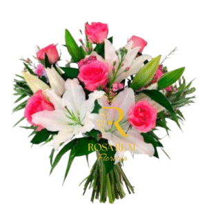 Arreglo de 7 rosas rojas y 5 flores Lilium blancas, elegante y fresco, ideal para regalar - Rosa Real